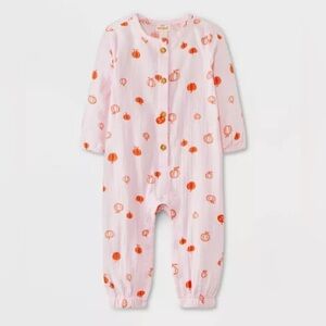 CAT & JACK LONG SLEEVE GAUZE PUMPKIN ROMPER - PINK MULTI SIZES (NEW WITH TAGS)